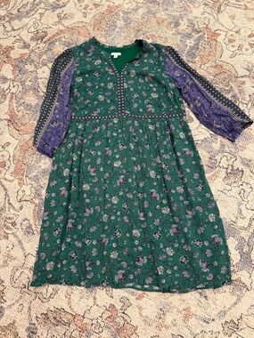 J. Jill Green Floral Dress with Purple Patterned Sleeves